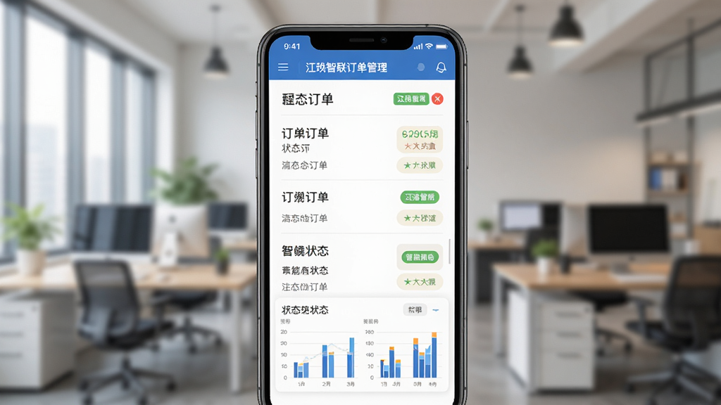 一张展示江智联订单管理功能的图片,主体是手机屏幕显示订单列表和状态标签,布局为手机正面展示,背景是虚化的办公室场景,风格为扁平化设计,细节包括不同颜色的状态标识和统计图表,画质清晰,干净,无多余元素