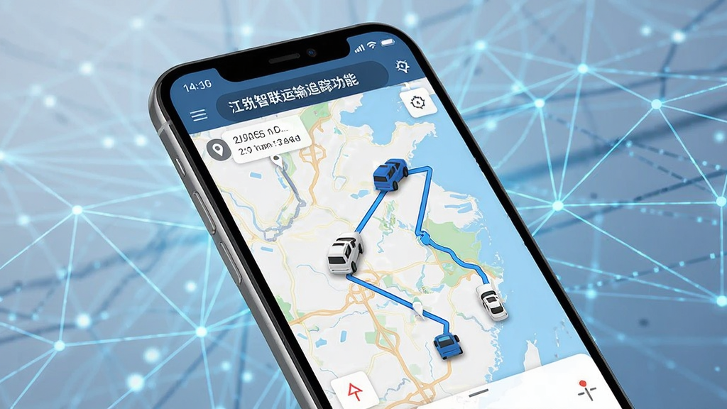 一张展示江智联运输追踪功能的图片,主体是手机屏幕显示地图界面,地图上有移动的车辆图标和运输路线,布局为手机特写,背景是抽象的数字网络连接线条,风格为现代科技感,细节包括屏幕上的时间戳和位置信息,画质清晰,干净,无多余元素