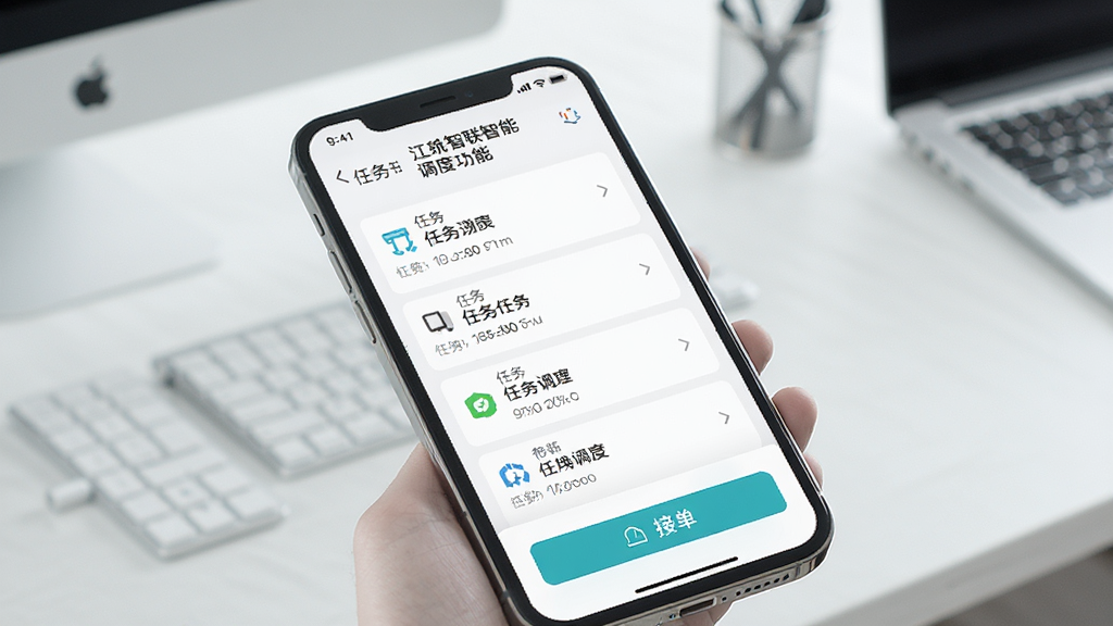 一张展示江智联智能调度功能的图片,主体是手机屏幕显示任务列表和接单按钮,布局为手机界面截图风格,背景是简洁的办公桌面,风格为商务简约,细节包括清晰的按钮和任务信息卡片,画质清晰,干净,无多余元素