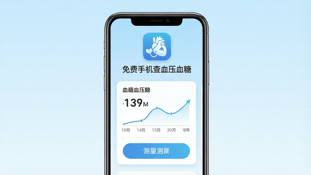 免费手机查血压血糖软件主界面展示,手机屏幕中央显示血压血糖数据卡片,背景为淡蓝色渐变,主体突出应用图标与名称“免费手机查血压血糖”,布局简洁居中,风格清新医疗健康风,细节包含数据曲线小图与测量按钮,画质高清,干净,无多余元素