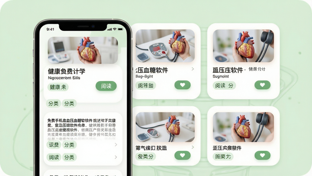 免费手机查血压血糖软件科普页面,手机屏幕显示健康知识文章列表与配图,背景淡绿色,主体为文章卡片与图标,布局网格状,风格柔和圆角,细节包含阅读按钮与分类标签,画质清晰,干净,无多余元素