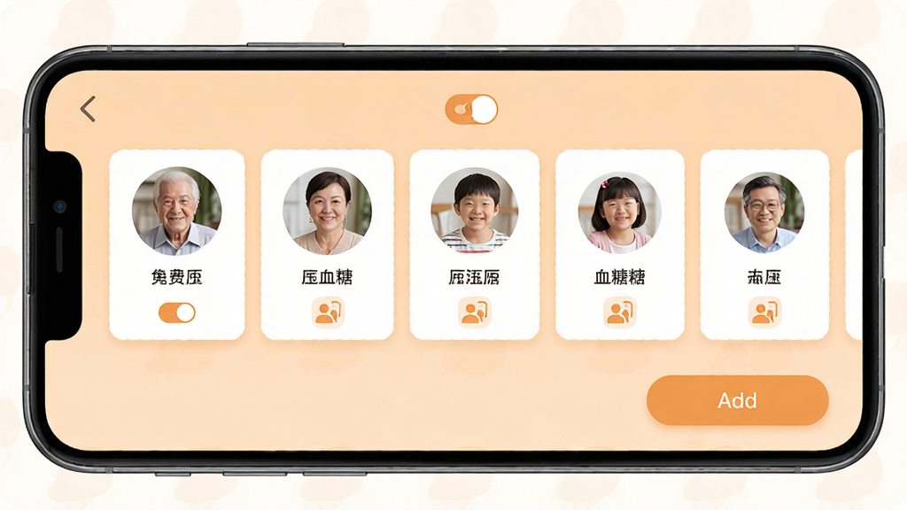 免费手机查血压血糖软件多用户档案界面,手机屏幕显示多个家庭成员头像与名称,背景浅橙色,主体为档案卡片与添加按钮,布局横向排列,风格温馨家庭风,细节包含切换箭头与档案图标,画质高清,干净,无多余元素
