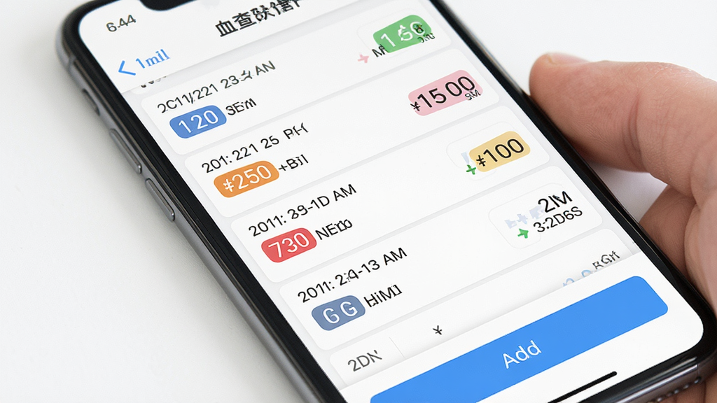 免费手机查血压血糖软件记录页面,手机屏幕显示多条血压血糖历史数据列表,每条记录带有日期时间与数值,背景白色,主体为数据列表与添加按钮,布局上下结构,风格简约商务,细节包含彩色数值标签,画质清晰,干净,无多余元素