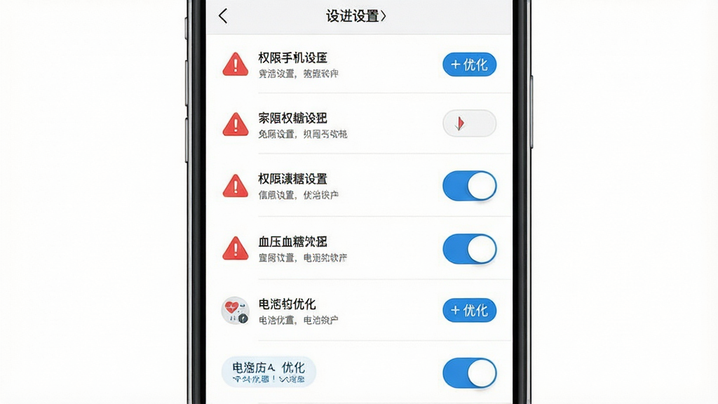 免费手机查血压血糖软件使用教程示意图,手机屏幕显示权限设置与电池优化界面,背景白色,主体为设置选项与开关按钮,布局纵向列表,风格极简商务,细节包含红色警示图标与蓝色优化标签,画质清晰,干净,无多余元素