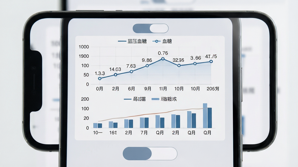 免费手机查血压血糖软件图表分析界面,手机屏幕显示血压血糖折线图与柱状图,横轴为日期纵轴为数值,背景浅灰色,主体为图表区域与切换按钮,布局居中,风格清爽素雅,细节包含图例与数据点标记,画质高清,干净,无多余元素