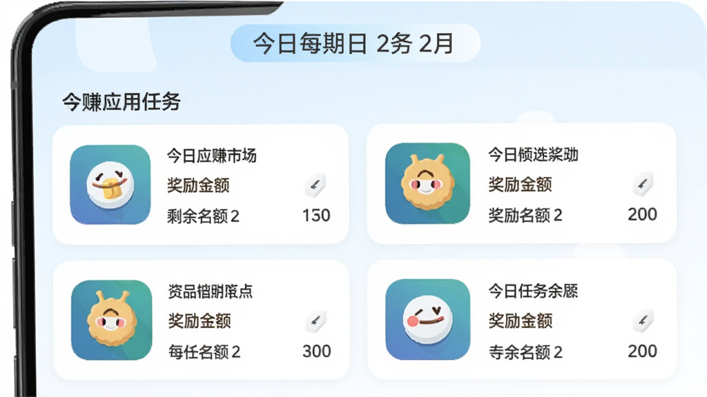 守赚应用市场每日任务推荐页面,手机屏幕展示今日精选任务卡片列表,每张卡片包含应用图标、任务名称、奖励金额与剩余名额,顶部有日期标签,风格清新浅色,画质清晰,布局规整