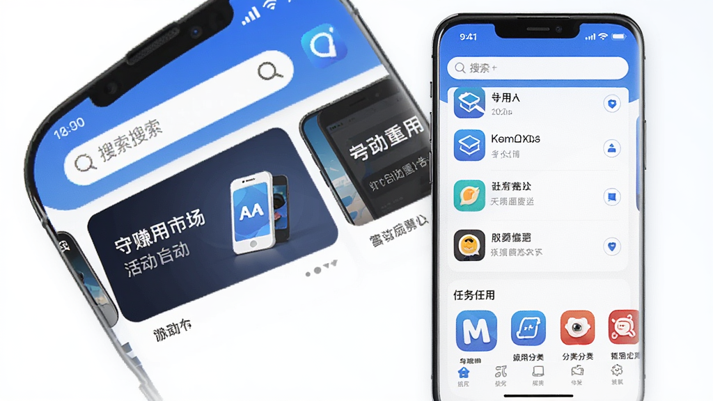 守赚应用市场APP主界面展示,手机屏幕中呈现应用市场首页布局,顶部搜索栏,中部轮播活动图,下方为任务列表与应用分类图标,整体采用蓝白配色,界面干净整洁,风格为现代移动应用UI设计,细节包括图标、按钮、卡片式布局,画质清晰,无多余元素
