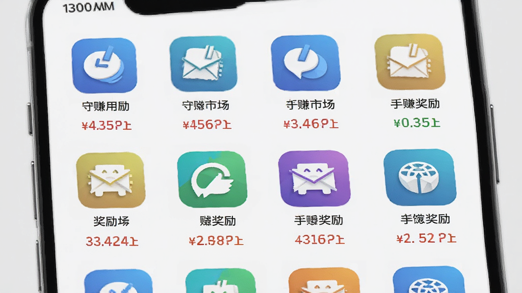 守赚应用市场应用列表页面,手机屏幕展示多个手赚APP图标排列整齐,每个图标下方显示应用名称与奖励金额,背景为浅灰色,风格简洁商务,画质清晰干净