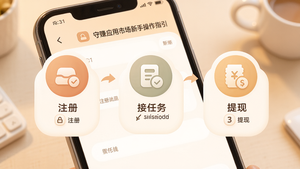 守赚应用市场新手操作指引界面,手机屏幕展示分步教程图示,包括注册、接任务、提现三个步骤的图标与文字说明,风格柔和圆角,配色温暖,画质清晰