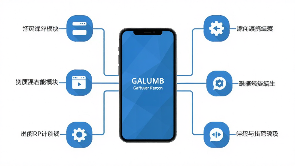 一张展示Galumb软件功能模块的示意图,画面以手机屏幕为中心,周围用线条连接出多个功能图标,每个图标旁边标注简短文字,整体采用扁平化设计风格,配色以蓝色和白色为主,背景干净,构图清晰,突出功能布局直观的特点,高清画质,无多余元素。