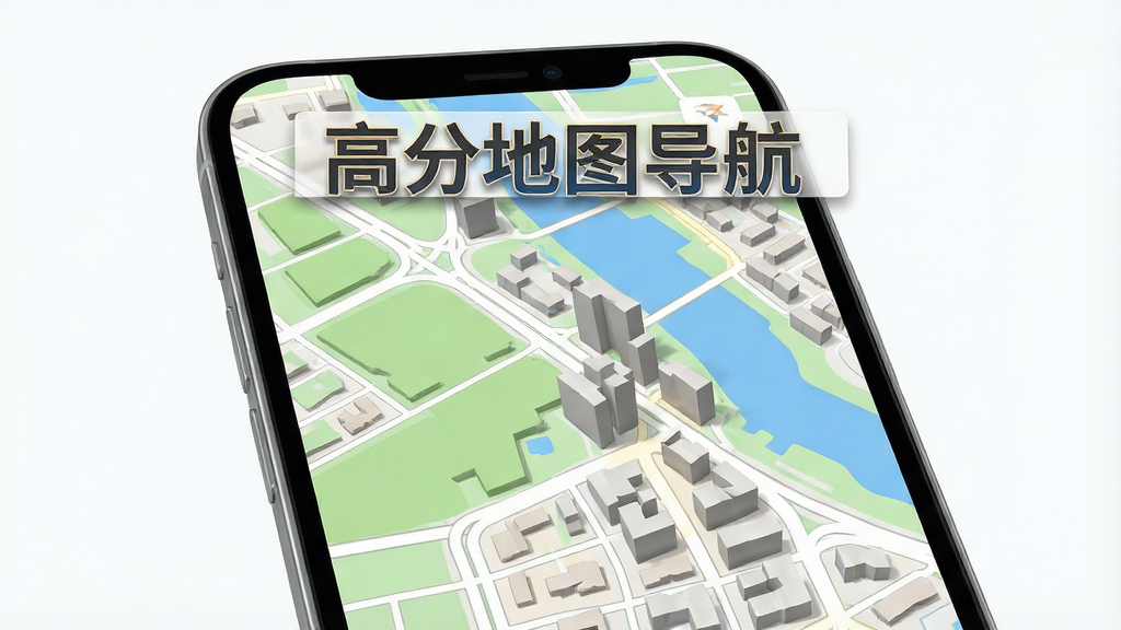 一张高分地图导航的高清地图渲染效果图,主体为手机屏幕特写,屏幕内展示着色彩分明、细节丰富的城市街区地图,道路呈白色,绿地呈浅绿色,水系呈蓝色,建筑物带有立体阴影,地图上悬浮着“高分地图导航”的标题,布局为居中构图,风格为干净的产品功能展示图,细节锐利,画质为4K级别,干净无多余元素