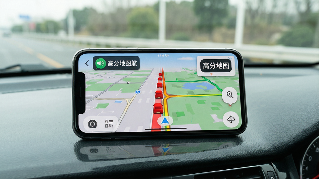 一张展示高分地图导航实时路况功能的图片,画面中一部手机横屏放置在汽车仪表盘上方,屏幕显示着带有红黄绿路况颜色的导航地图,前方道路用醒目的红色标注拥堵,旁边有“高分地图导航”的语音播报图标,布局为驾驶视角,风格为真实场景与UI结合,细节包括仪表盘反光和车窗外模糊的风景,画质清晰,干净无多余元素