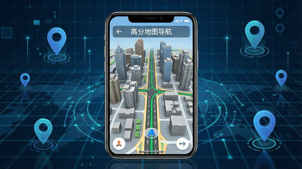一幅展示高分地图导航软件界面的概念图,画面中央是一部智能手机,屏幕上显示着高分辨率的三维城市地图,道路线条清晰,建筑物立体感强,地图上标注着“高分地图导航”字样,背景是抽象的数字网格与定位图标,风格为科技感与写实结合的UI展示图,细节丰富,画质清晰,干净无多余元素