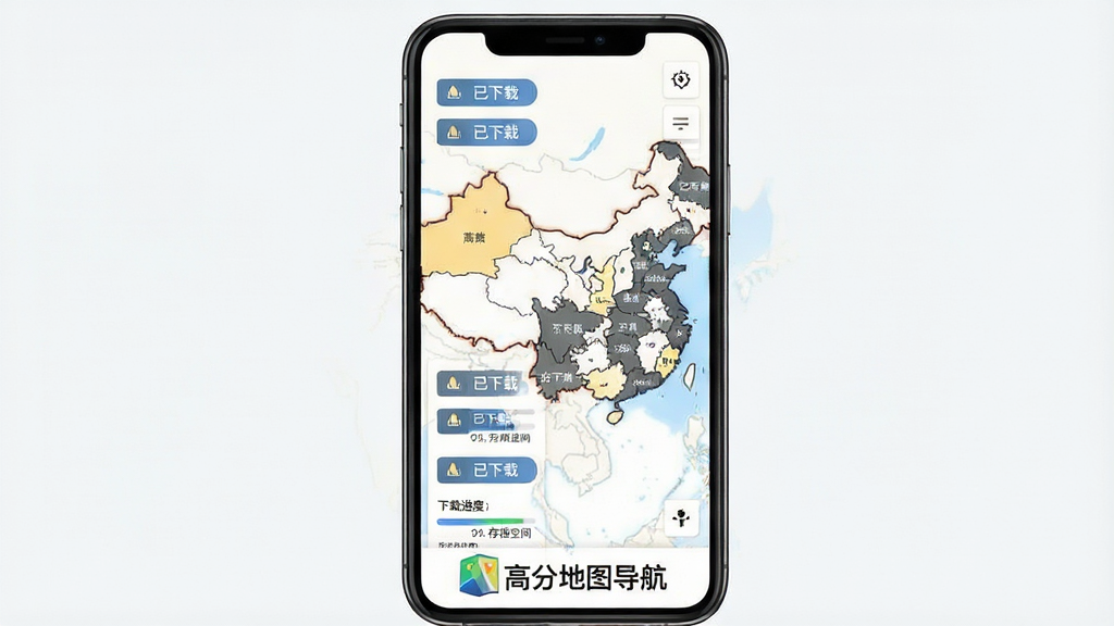 一张高分地图导航离线地图下载界面的示意图,画面主体为手机屏幕,屏幕内显示着中国地图轮廓和各个省份的下载按钮,部分省份显示“已下载”状态,界面底部有“高分地图导航”的Logo,布局为垂直列表与地图结合,风格为扁平化设计,细节包括下载进度条和存储空间提示,画质清晰,干净无多余元素
