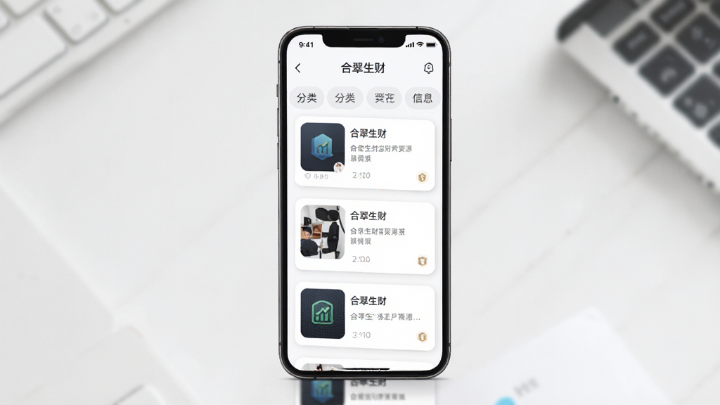 合翠生财资源对接板块界面图,主体为手机屏幕,屏幕中展示合翠生财的资源列表页面,包含分类标签栏和卡片式信息流,布局为顶部标签加下方卡片列表,排版疏朗,风格为简约商务风,细节上卡片带有轻微圆角和浅色阴影,画质高清,干净,无多余元素