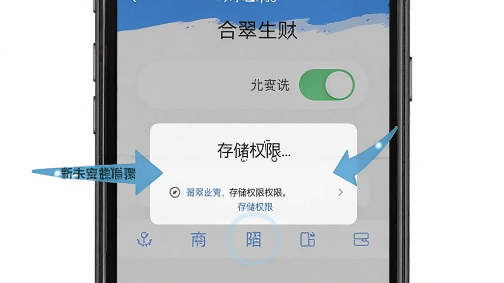 合翠生财新手安装步骤示意图,主体为手机屏幕展示安装权限设置界面,屏幕上有允许安装开关和存储权限授权弹窗,布局为上下排列,排版清晰,风格为教程指引风,细节上箭头标注操作位置,画质高清,干净,无多余元素