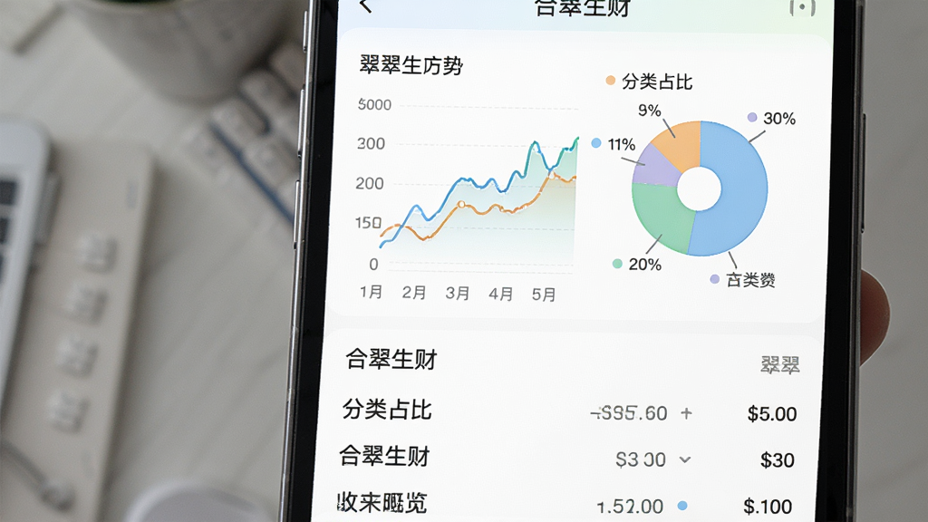 合翠生财收支概览界面展示图,主体为手机屏幕特写,屏幕上显示合翠生财的月度收支趋势折线图和分类占比饼图,布局为上方图表下方明细列表,排版整齐,风格为清新浅色系,细节上图表颜色柔和、数据标签清晰,画质高清,干净,无多余元素