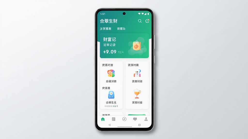 合翠生财手机应用主界面预览图,主体为一台竖屏安卓手机,屏幕中央展示合翠生财的首页布局,包含财富记录卡片、资源对接入口和底部导航栏,布局简洁清晰,排版采用上下结构,风格为现代扁平化设计,细节上手机边缘有轻微阴影,背景为浅灰渐变,画质高清,干净,无多余元素