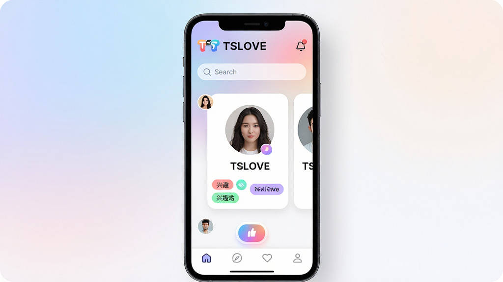 一张展示TSLOVE应用核心界面的手机屏幕效果图,主体是一部居中放置的智能手机,屏幕内显示TSLOVE的聊天列表与匹配界面,布局采用上下结构,上方为品牌Logo和搜索栏,中间为人物头像卡片和兴趣标签,下方为底部导航栏,排版整洁有序,风格为现代简约科技风,细节包括柔和的渐变背景、圆角卡片、微光按钮、头像圆润、标签彩色点缀,画质高清,画面干净,无多余元素。