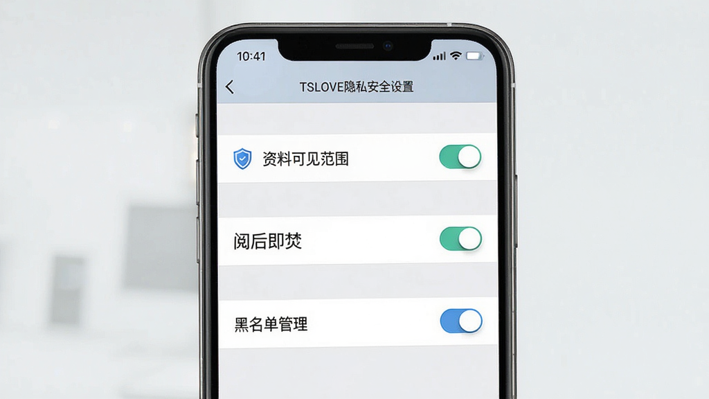 一张展示TSLOVE隐私安全设置的界面图,主体为手机屏幕,屏幕内显示隐私设置菜单,包含“资料可见范围”“阅后即焚”“黑名单管理”等选项,布局采用列表式排列,排版整齐,风格为简约商务风,细节包括盾牌图标、开关按钮、灰色分隔线,画质高清,画面干净,无多余元素。