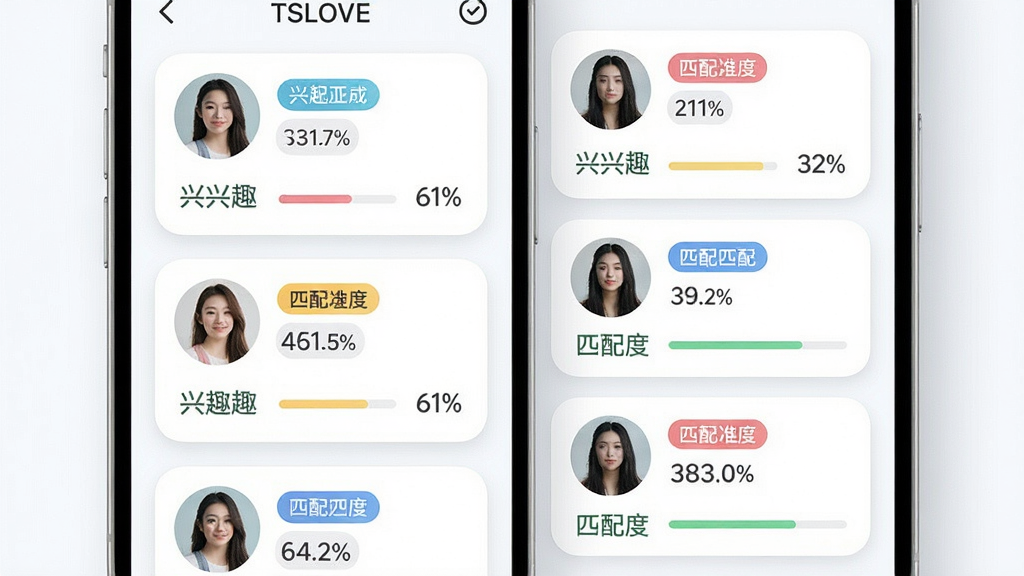 一张展示TSLOVE智能匹配功能的界面图,主体为手机屏幕特写,屏幕内显示多个用户头像卡片呈瀑布流排列,每张卡片下方带有兴趣标签和匹配度百分比,布局采用网格状分布,排版清晰,风格为清新浅色系,细节包括柔和阴影、圆角头像、彩色标签、匹配度进度条,画质高清,画面干净,无多余元素。