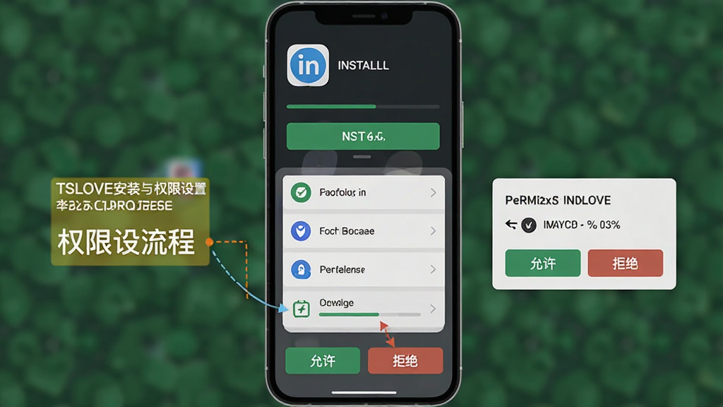 一张展示TSLOVE安装与权限设置流程的示意图,主体为手机屏幕,屏幕内显示安装进度条和权限弹窗,布局采用上下结构,上方为应用图标和安装按钮,中间为权限列表,下方为“允许”与“拒绝”按钮,风格为扁平化教程风,细节包括进度百分比、权限图标、高亮提示框,画质高清,画面干净,无多余元素。