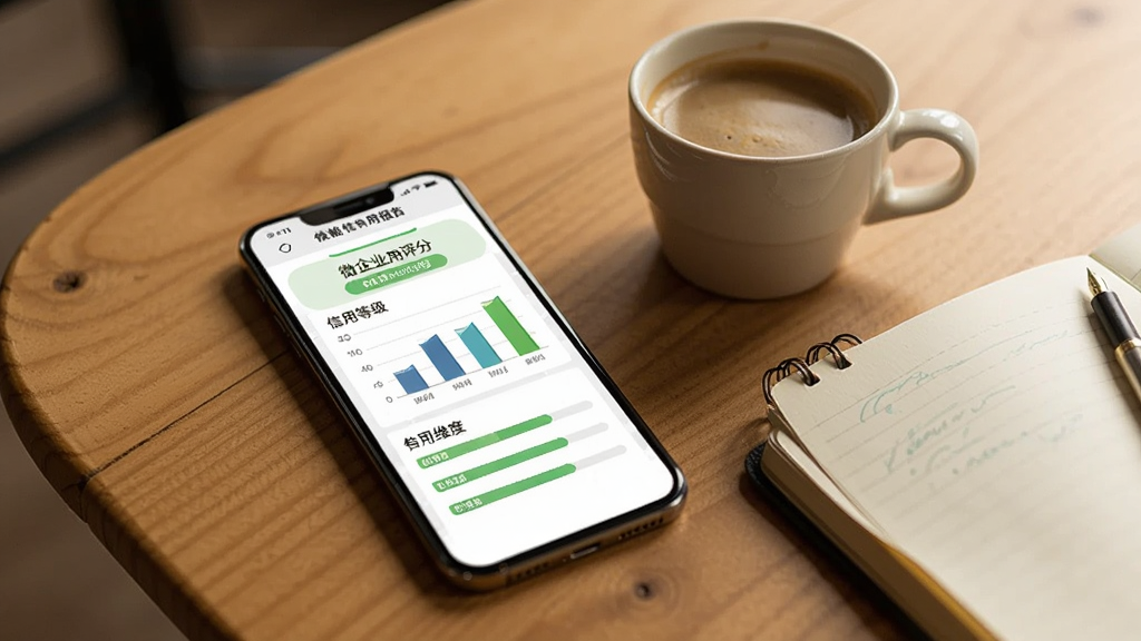 微企业信息查信用信用报告页面展示,手机屏幕显示企业信用评分和信用等级,页面中有图表和进度条展示信用维度,手机放置在木质桌面上,旁边有一杯咖啡和笔记本,整体氛围商务休闲,色调温暖,画质清晰,干净无多余元素