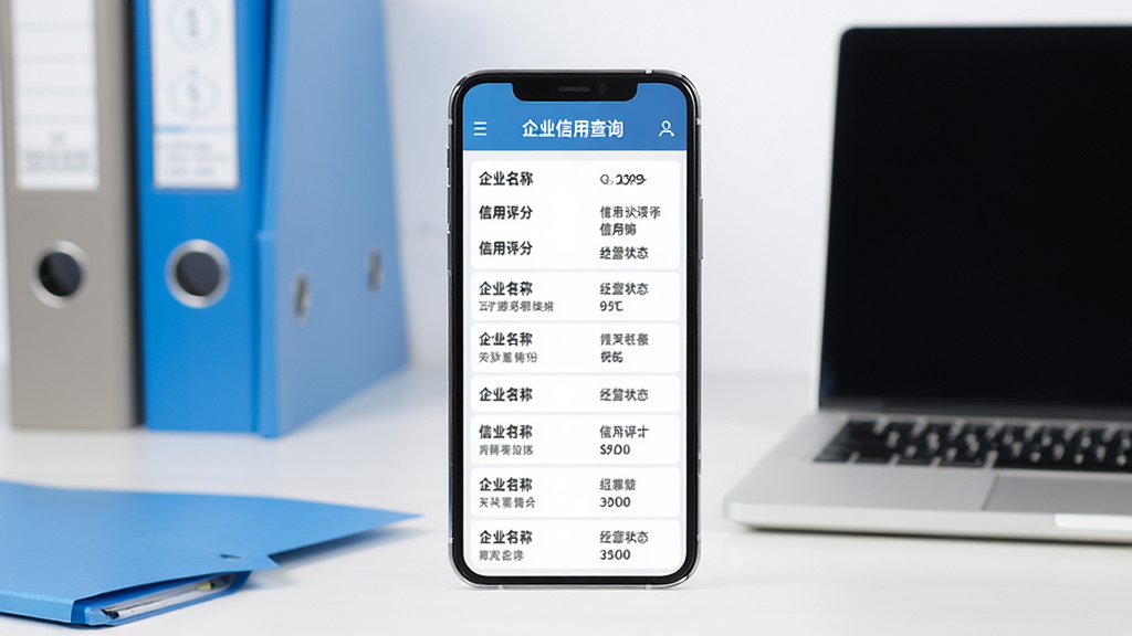微企业信息查信用软件主界面展示,画面中央放置一部智能手机,手机屏幕上显示企业信用查询结果列表,包含企业名称、信用评分、经营状态等条目,背景为简洁的商务办公桌面,有文件夹和笔记本电脑作为点缀,整体风格简约专业,色调以蓝色和白色为主,画质清晰,干净无多余元素