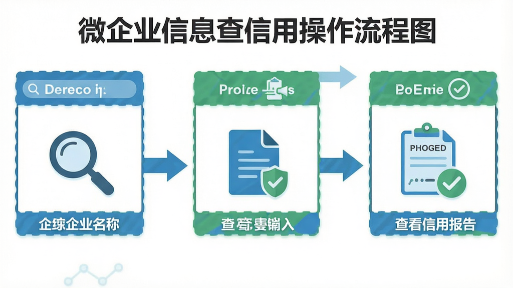 微企业信息查信用操作流程图,画面以流程图形式展示从输入企业名称到查看信用报告的完整步骤,每个步骤用简洁的图标表示,包括搜索框、放大镜、文件、勾选标记等元素,整体布局清晰有序,风格扁平化设计,色调以蓝色和绿色为主,画质清晰,干净无多余元素