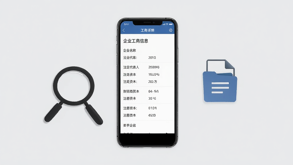 微企业信息查信用功能展示图,画面中央一部手机展示企业工商信息详情页,页面中有企业名称、法定代表人、注册资本等字段清晰排列,手机旁边放置放大镜和文件图标作为装饰,背景为浅灰色,风格简洁现代,画质清晰,干净无多余元素