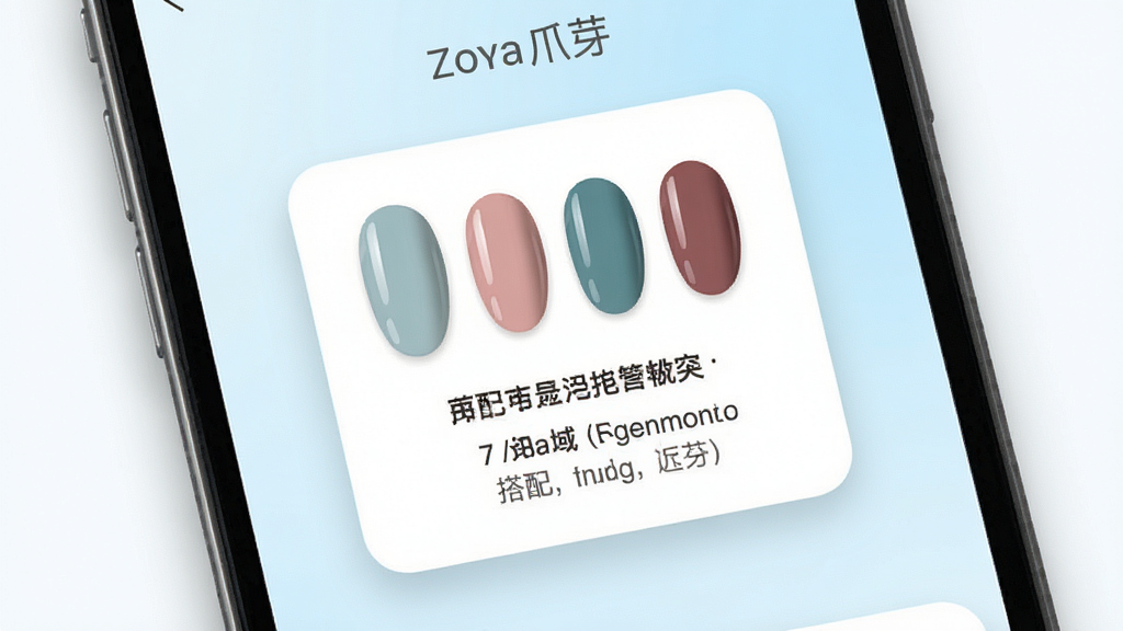 一张展示Zoya爪芽每日灵感推送界面的图片,画面主体为手机屏幕,屏幕内显示一张配色灵感卡片,卡片上有甲油色块与搭配文字说明,背景为淡蓝色渐变,布局采用居中展示,风格清新明快,细节包括卡片的圆角设计与屏幕边缘的柔和阴影,画质清晰,干净,无多余元素