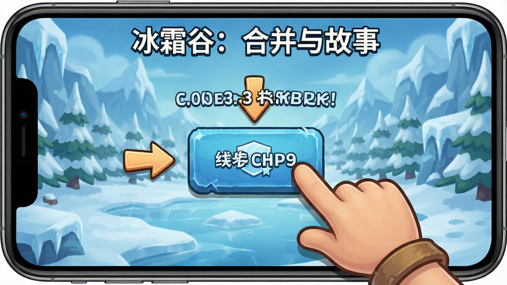 手机游戏“冰霜谷:合并与故事”的新手引导界面,一只卡通手正指向合并按钮,屏幕上有箭头和文字提示,背景是冰雪山谷,画面简洁,风格清新,细节清晰,画质高清,无多余元素