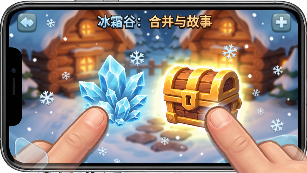 手机游戏“冰霜谷:合并与故事”的合并操作界面,两只手指正将两个冰晶合并成一个发光宝箱,周围有雪花飘落,背景是温馨的木屋,画面明亮,风格卡通,细节精致,画质清晰,无杂乱元素