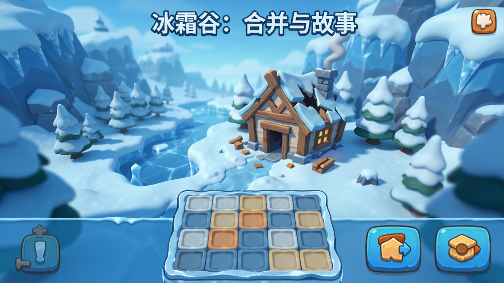 一款名为“冰霜谷:合并与故事”的手机游戏主界面截图,画面中央是冰雪覆盖的山谷与一座待修复的小屋,下方有合并棋盘和任务按钮,整体色调为蓝白与暖橙色点缀,卡通渲染风格,布局清晰,细节丰富,画质高清,干净无多余元素