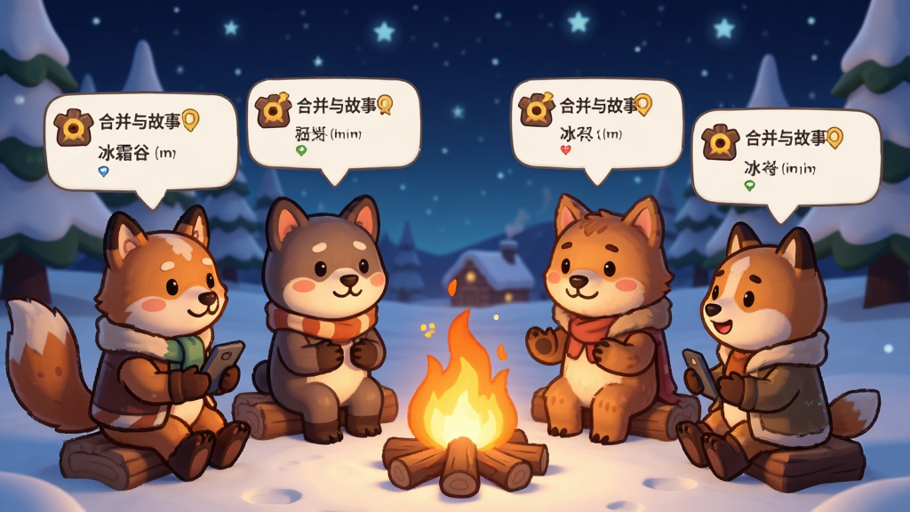 游戏“冰霜谷:合并与故事”的角色对话场景,几位卡通动物居民围在篝火旁,头顶显示任务气泡,背景是雪夜星空,画面温暖,风格治愈,细节生动,画质高清,干净无多余元素