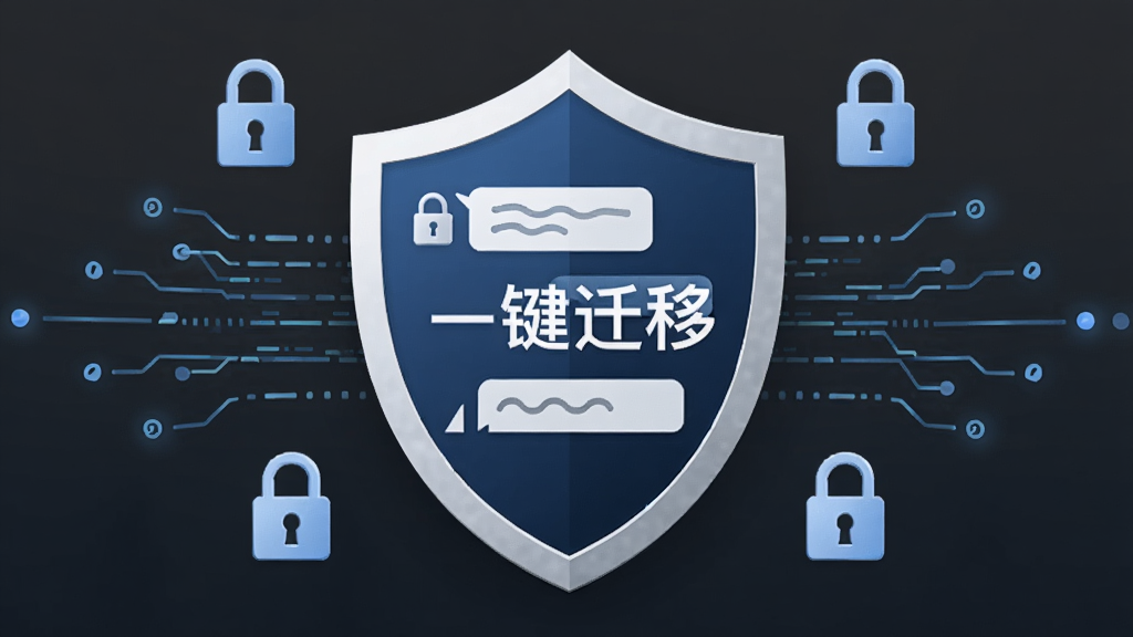 画面中央是一个盾牌图标,盾牌上显示微聊天记录一键迁移文字,盾牌周围环绕着锁形图标和数据流线条,背景为深灰色,整体传达安全防护的视觉感受,风格简约商务,画质清晰干净无多余元素