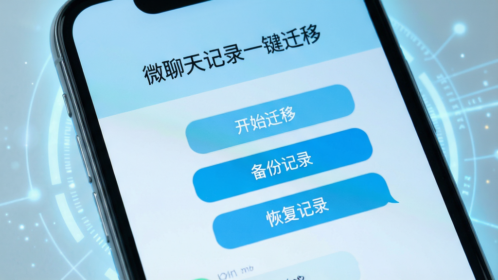 一张手机屏幕特写图片,画面中央显示微聊天记录一键迁移软件的主界面,界面顶部有软件名称微聊天记录一键迁移字样,下方排列着开始迁移、备份记录、恢复记录三个功能按钮,背景为浅蓝色渐变,整体风格简洁清爽,手机周围有淡淡的科技感光晕,画质清晰干净无多余元素