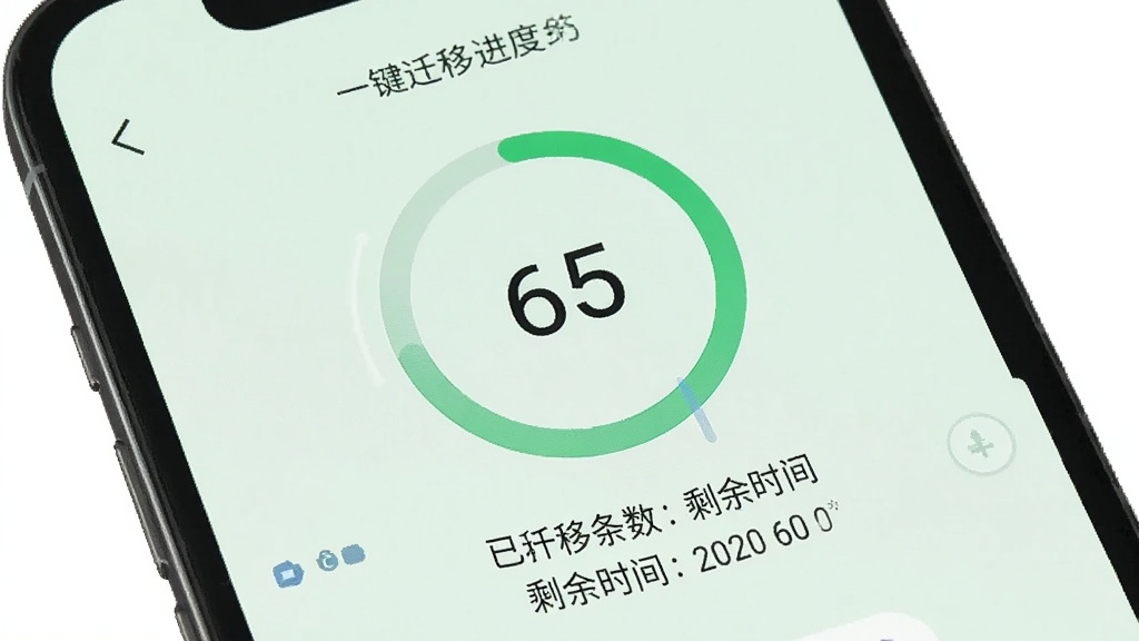 手机屏幕显示微聊天记录一键迁移的进度界面,界面中央有一个圆形进度条显示百分之六十五,下方有已迁移条数和剩余时间文字,背景为浅绿色,界面元素简洁明了,画质清晰干净无多余元素