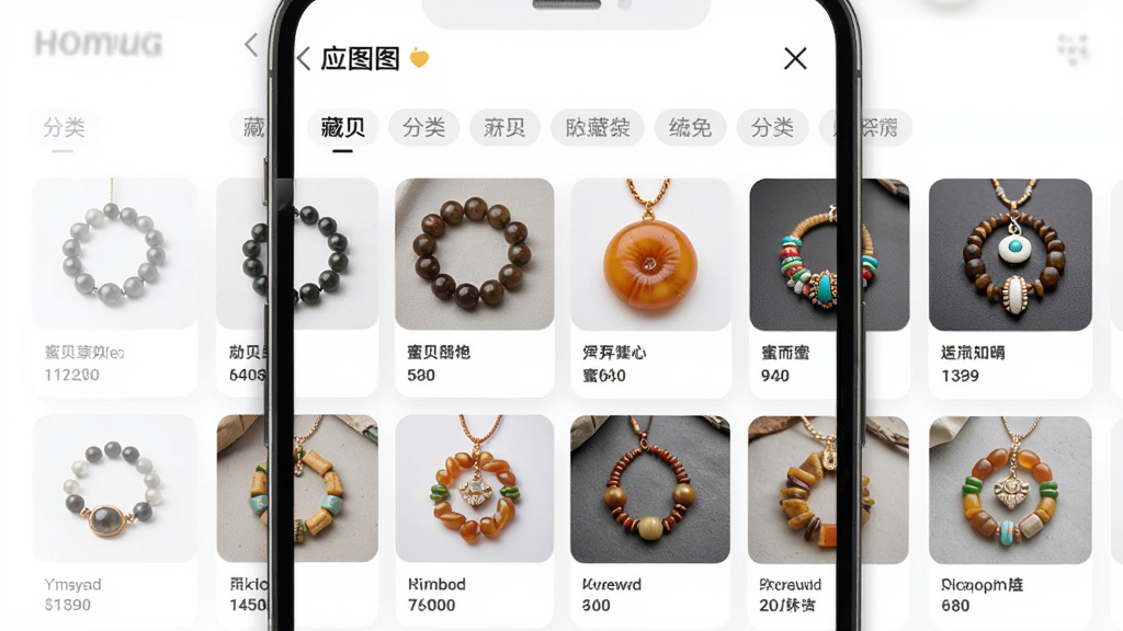 主体为手机屏幕展示藏贝应用图库页面,布局采用网格排列,上方为分类标签栏,中部为饰品图片卡片,排版整齐有序,风格为清新浅色UI,细节包含天珠、蜜蜡等饰品高清缩略图与文字标签,画质高清,干净,无多余元素