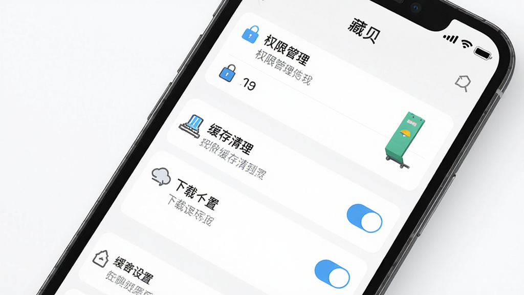 主体为手机屏幕展示藏贝应用设置页面,布局采用列表式排列,上方为权限管理选项,中部为缓存清理与下载设置,排版清晰,风格为简约商务UI,细节包含开关按钮、文字说明与图标,画质高清,干净,无多余元素