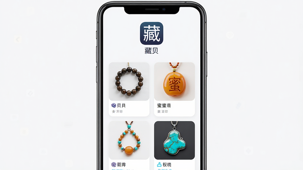 主体为一部智能手机竖屏展示应用界面,布局采用居中构图,上方放置应用图标和名称藏贝,中部展示饰品卡片列表,排版简洁清晰,风格为现代扁平化UI设计,细节包含天珠、蜜蜡、松石等饰品缩略图,画质高清,干净,无多余元素