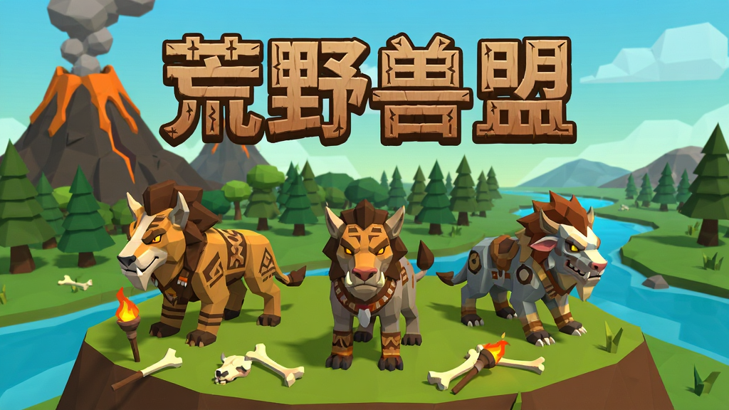 一幅横版游戏场景插画,画面中央是“荒野兽盟”四个大字,字体带有原始部落风格的纹理;主体为三只造型各异的远古兽宠站在荒野高地上,背景有火山、密林与河流,布局上文字居上方居中,兽宠呈三角形站位;风格为低多边形卡通渲染,细节包括兽宠身上的部落图腾纹饰、地面散落的兽骨与火把;画质清晰,色彩饱满,画面干净,无多余元素