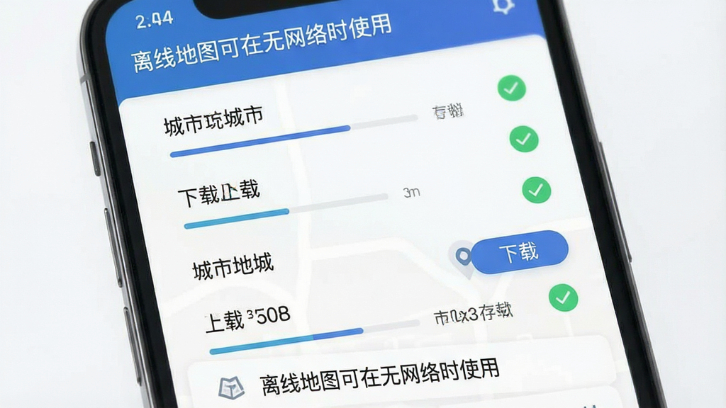 一张地图导航出行通离线地图下载管理界面场景图,手机屏幕显示城市列表和下载按钮,已下载城市旁边有绿色对勾标记,屏幕上方有存储空间占用提示,下方有「离线地图可在无网络时使用」的说明文字,整体风格为现代扁平化科技风,细节包括城市名称、下载进度条、存储数字,画质清晰,干净,无多余元素