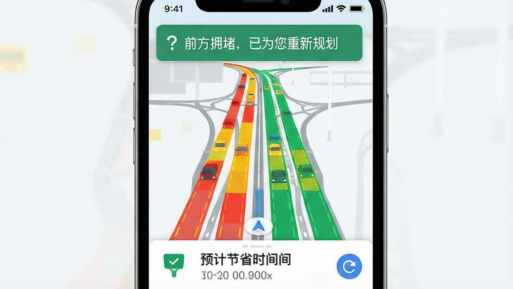 一张地图导航出行通实时路况界面场景图,手机屏幕显示城市主干道,道路用红色、黄色、绿色分段标注拥堵状态,屏幕上方有「前方拥堵,已为您重新规划」的提示条,下方显示预计节省时间,整体风格为现代扁平化科技风,细节包括道路名称、时间数字、刷新按钮,画质清晰,干净,无多余元素