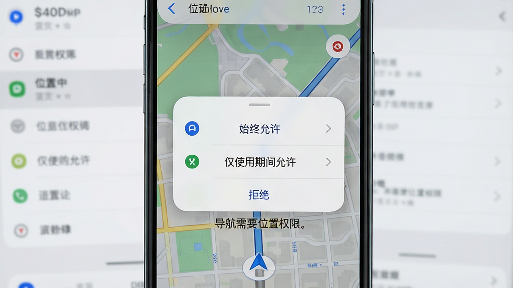 一张手机屏幕展示地图导航出行通权限设置引导界面的场景图,画面中央是竖屏手机,屏幕内显示位置权限申请弹窗,有「始终允许」「仅使用期间允许」「拒绝」三个选项,下方有文字说明导航需要位置权限,背景为手机系统设置界面,整体风格为现代扁平化科技风,细节包括权限图标、按钮、说明文字,画质清晰,干净,无多余元素