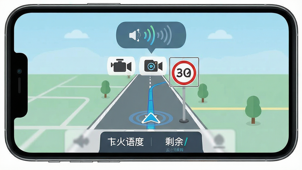 一张地图导航出行通语音导航与电子眼提醒界面场景图,手机屏幕显示车辆正在行驶的导航视角,前方道路有测速摄像头图标和限速数字,屏幕上方有语音播报波纹动画,下方显示当前车速与剩余距离,整体风格为现代扁平化科技风,细节包括摄像头图标、限速标志、语音波纹,画质清晰,干净,无多余元素