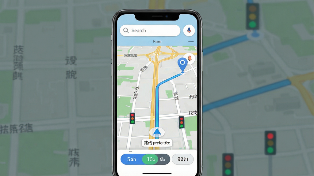 一张手机屏幕展示地图导航出行通主界面的场景图,画面中央是竖屏手机,屏幕内显示清晰的城市道路地图,蓝色导航路线从起点延伸至终点,上方有搜索框和语音图标,下方有路线偏好切换按钮,整体布局简洁,风格为现代扁平化科技风,细节包括道路名称、红绿灯标识、距离提示,画质清晰,干净,无多余元素