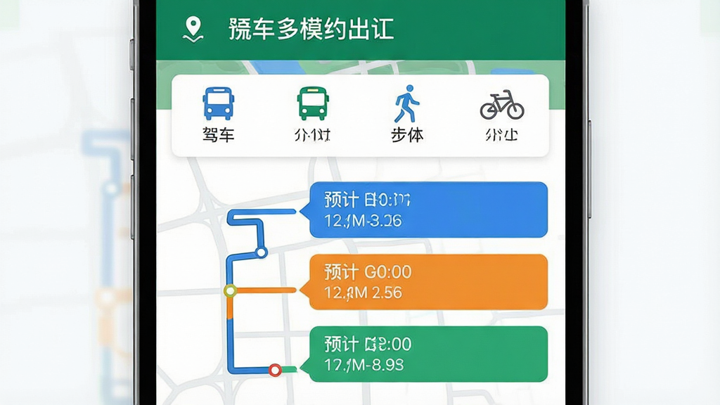 一张地图导航出行通多模式路线选择界面场景图,手机屏幕上方显示目的地名称,下方排列驾车、公交、步行、骑行四个图标选项,当前选中驾车模式,屏幕中央显示三条不同颜色的路线方案,每条方案标注预计时间和距离,整体风格为现代扁平化科技风,细节包括图标、数字、路线线条,画质清晰,干净,无多余元素