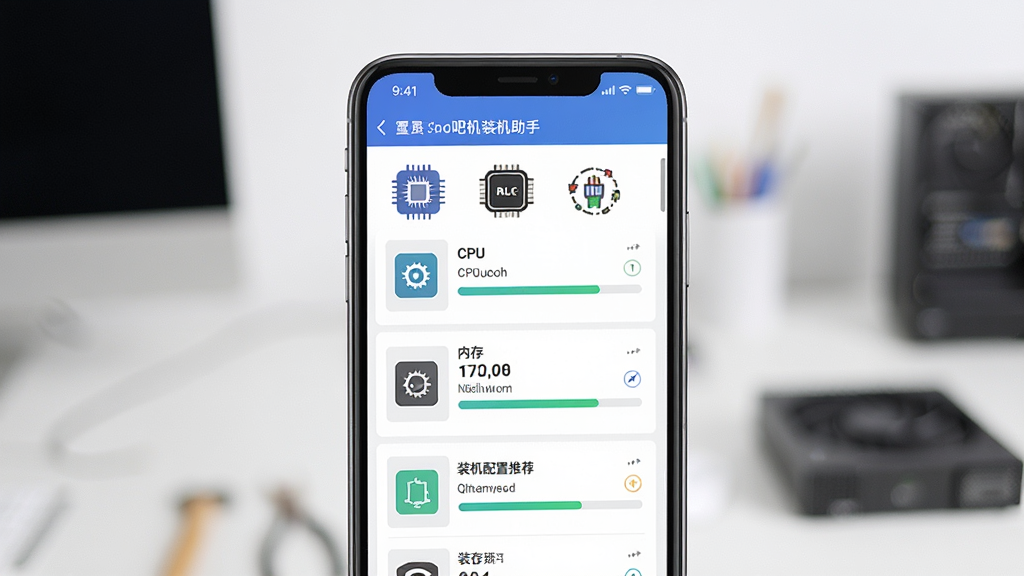 一张展示图吧装机助手软件界面的图片,主体为手机屏幕中显示硬件检测信息与装机配置推荐列表,布局为居中展示手机界面,排版简洁清晰,风格为科技感扁平化设计,细节包括CPU、显卡、内存等参数图标与进度条,画质高清,干净,无多余元素