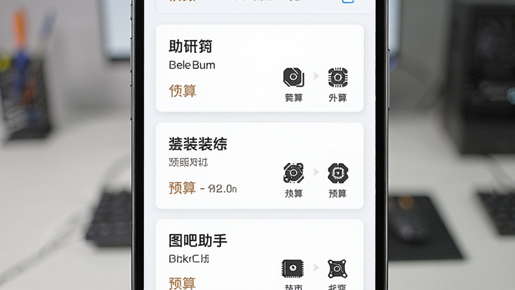 图吧装机助手装机配置推荐页面,主体为手机屏幕展示多套装机方案列表,布局为卡片式纵向排列,排版清晰,风格为清爽浅色系设计,细节包括方案名称、预算区间与配件图标,画质高清,干净,无多余元素
